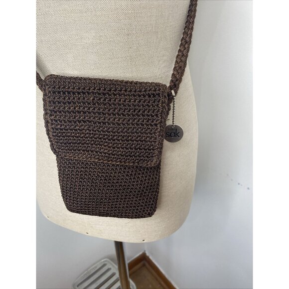 The Sak Crochet Bag Crossbody Purse Handbag Brown Zipper Flap Top Small - Picture 2 of 7